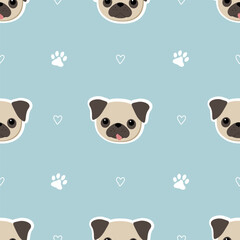 Seamless pattern with cute pug dogs. Background with pug faces. Pattern for packing of gifts, tiles fabric backgrounds. Sample for the website. Vector illustration on light blue