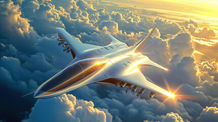 Modern jetfighter at high speed flying above the clouds.