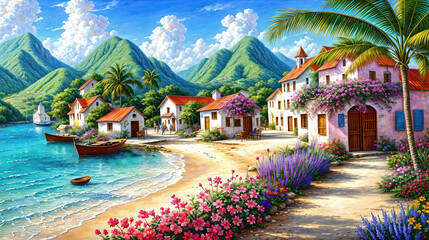 Atmospheric landscape of a small town by the caribbean sea, oil painting illustration - obrazy, fototapety, plakaty