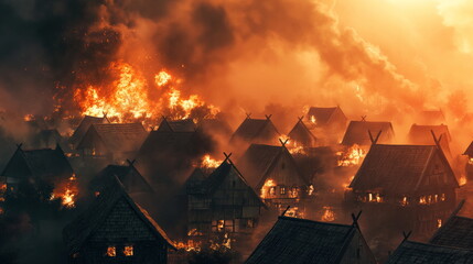 village with traditional medieval houses is ablaze as fire consumes the structures against a dusky sky
