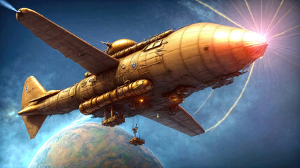A huge steampunk airship 3d retro technology illustration fantastic wallpaper. - 783825142