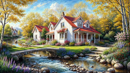 Oil painting on canvas summer landscape with wooden old house near river, beautiful flowers and trees.