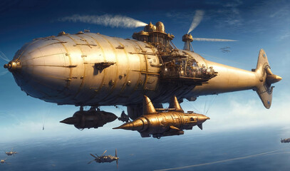 A huge steampunk airship 3d retro technology illustration fantastic wallpaper. - 783825171