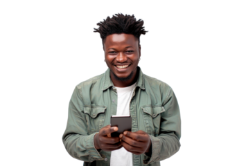 Smiling African Man With Phone on Transparent