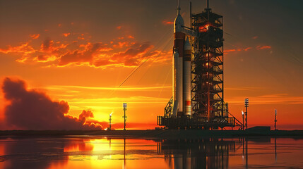 space rocket on launch pad, panoramic shot of the sky and the setting sun in the background.