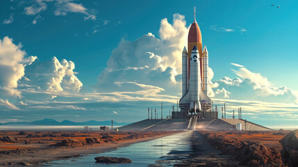 space rocket on launch pad, panoramic shot of the sky and the setting sun in the background.