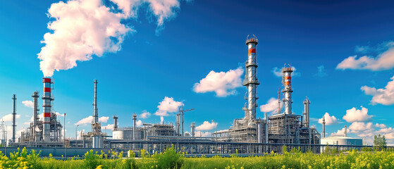 Oil refinery factory panorama, overall view of oil and gas installation.