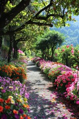 Breathtaking garden path lined with vivid flowers and foliage under a bright sky