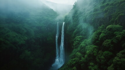 Breathtaking waterfall cascading down lush green mountainside, Nature Beauty