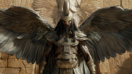 Ninurta, hero god, man in his mid 30s, clad in armor, and wings, Sumerian Mythology - obrazy, fototapety, plakaty