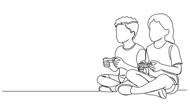 animated continuous single line drawing of two kids playing video games, line art animation