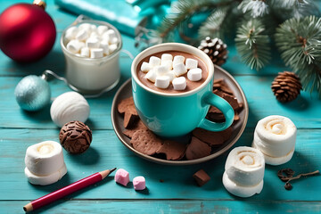 Obraz na płótnie Canvas A inviting cup of hot chocolate topped with marshmallows, surrounded by cookies and holiday treats, exuding a cozy winter atmosphere