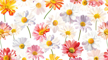 Fototapeta na wymiar Vibrant Seamless Pattern of Colorful Daisies on White Background for Springtime Decor