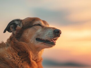 Elderly golden retriever with eyes closed, savoring the warmth of the sunset, reflecting serenity and years of loyalty