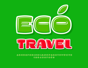 Vector bright concept Eco Travel. Glossy Green Font. Artistic Alphabet Letters, Numbers and Symbols set.