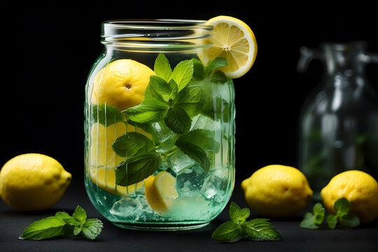 A vibrant image of a jar filled with lemonade, lemon slices, fresh mint, and ice cubes on a dark surface