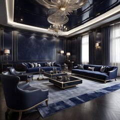  A living room or business lounge designed in deep, dark colours featuring a combination of navy blue and grey design. The empty wall serves as a mockup, allowing for a painted background design. 