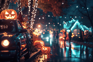 Halloween Decorations Lighting Up a Rainy Street at Night