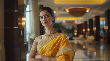 A pretty Indian woman in a traditional yellow mustard saree welcoming a business delegation in a luxury hotel setting