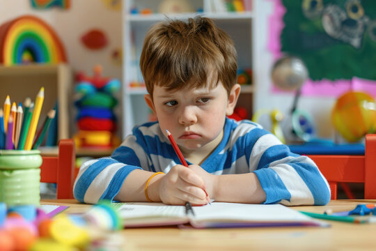a sad boy doing homework at a table, wearing a white and blue striped shirt, holding a green pencil in his hand, with colorful school supplies on the desk