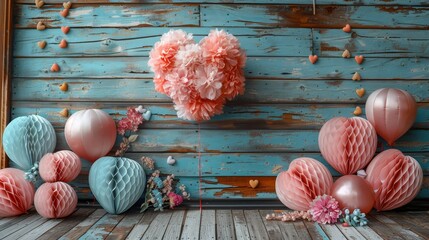   A wood floor holds a cluster of pink and blue balloons near a heart-shaped balloon, touching the wall