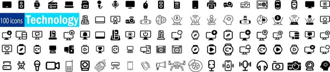 Technology icon set. 100 Information Technology icons isolated on white background. network...