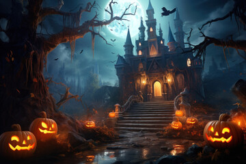 Haunted Castle and Jack-o'-lanterns on a Spooky Halloween Night - obrazy, fototapety, plakaty