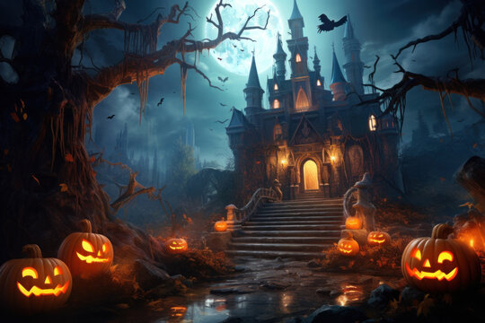 Haunted Castle and Jack-o'-lanterns on a Spooky Halloween Night