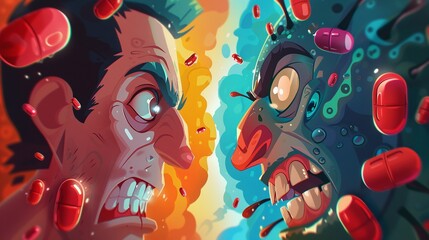 Cartoon showdown, pill hero vs virus villain, dramatic face-off, saturated colors, intense close-up angle - obrazy, fototapety, plakaty