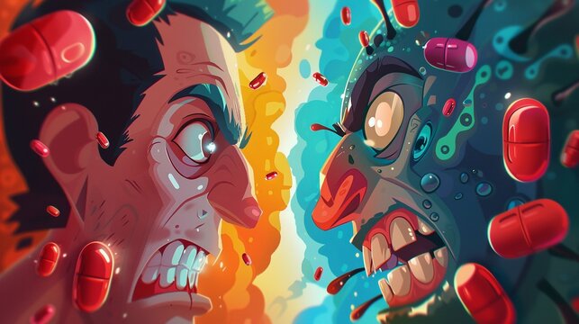Cartoon showdown, pill hero vs virus villain, dramatic face-off, saturated colors, intense close-up angle