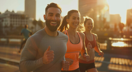 A group of friends smiling and running together in the city, wearing athletic wear for fitness. - obrazy, fototapety, plakaty
