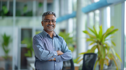 A smiling middle-aged Indian manager stands with crossed arms in a modern office, exuding confidence and professionalism