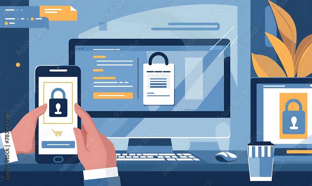 Poster Illustration Seamless 2FA Login Process, User inputs credentials on computer, receives and enters verification code on mobile for secure login