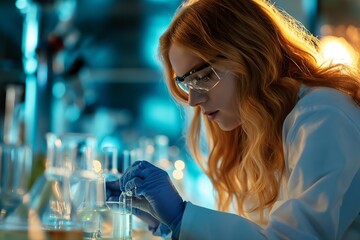 In a lab, female biologists use a pipette to place a chemical liquid in a test tube. Concepts of research and development.
