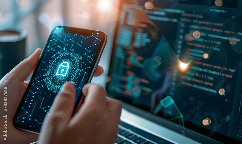 Poster Illustration of Secure 2FA Login and Cybersecurity, Trusted Device Verification and Authentication Code for Mobile and Computer Connections