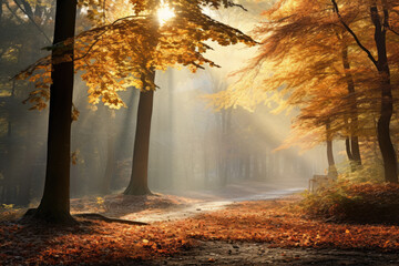 Autumnal Forest Path Bathed in Golden Morning Light