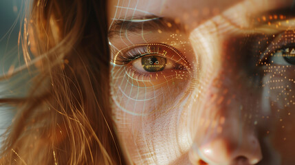 A woman's face is shown with a green eye and a yellowish tint. The image has a futuristic feel to it, with the eye being surrounded by a grid of dots. The woman's hair is long and flowing