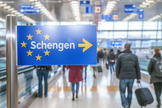 Blurred Crowd Walking Past Schengen Area Directional Sign in Airport