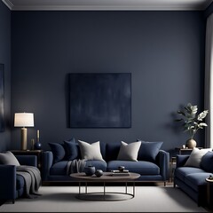  A living room or business lounge designed in deep, dark colours featuring a combination of navy blue and grey design. The empty wall serves as a mockup, allowing for a painted background design. 