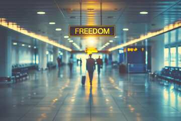 Inspirational Airport Signage "FREEDOM" with Blurred Travelers in Background