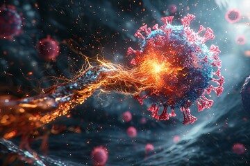 A powerful visualization of a virus particle connecting with a human cell, capturing the critical moment of cellular engagement