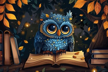 Cartoon owl posed as a psychologist in a cozy tree library, a creative nod to mental health awareness and support
