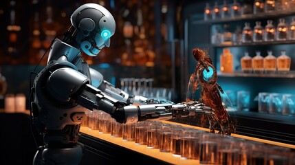 A robotic bartender expertly mixing and serving cocktails at a bustling bar, entertaining patrons with flair and precision. - obrazy, fototapety, plakaty