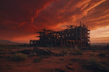 A desolate, post-apocalyptic planet with rusted metal structures and a blood-red sky