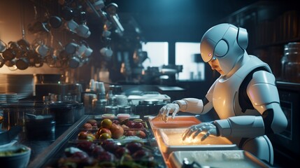 A robotic chef skillfully preparing a gourmet meal in a modern kitchen, showcasing precision and culinary expertise. - obrazy, fototapety, plakaty