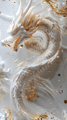 White surface hosts majestic white and gold dragon in macro photography
