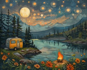 a camper and fire beside a lake on a mountain, whimsical folk art, imaginative, playful, humorous - obrazy, fototapety, plakaty