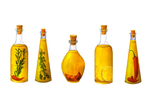 Set of bottles of flavored olive oil with spices, herbs, hot chili pepper, garlic, lemon, thyme and rosemary isolated on white background.