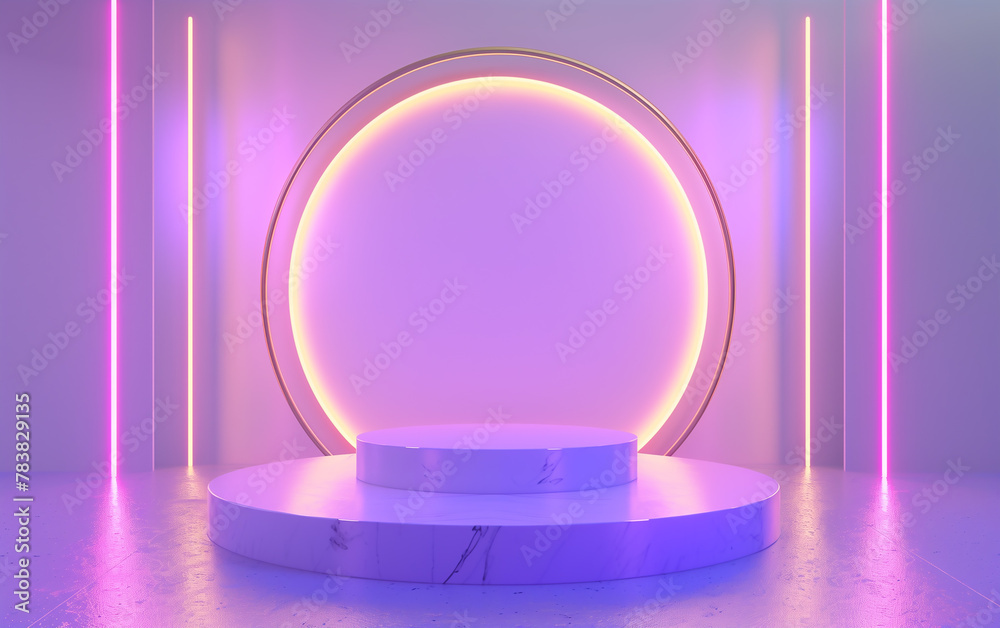 Wall mural 3d rendering sci-fi technology minimalist blue and gold stage podium with purple light.