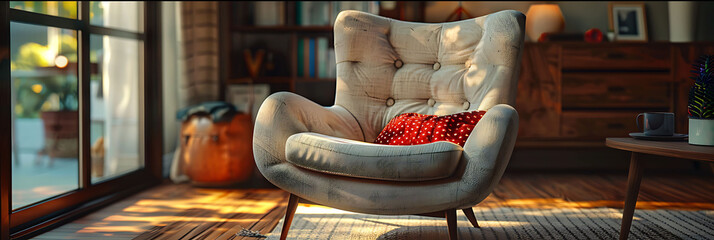 Close-up of a textured accent chair in a living room, hyperrealistic photography of modern interior design